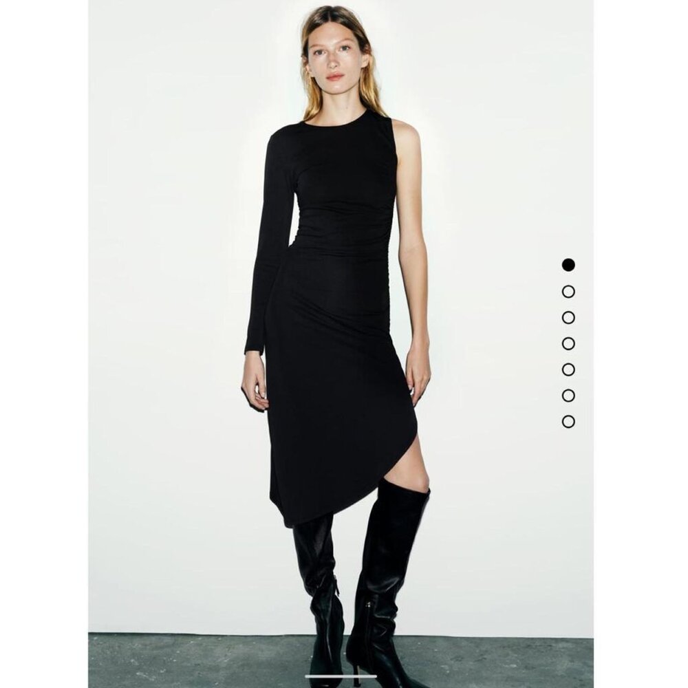 Zara NWT black ruched asymmetrical midi dress